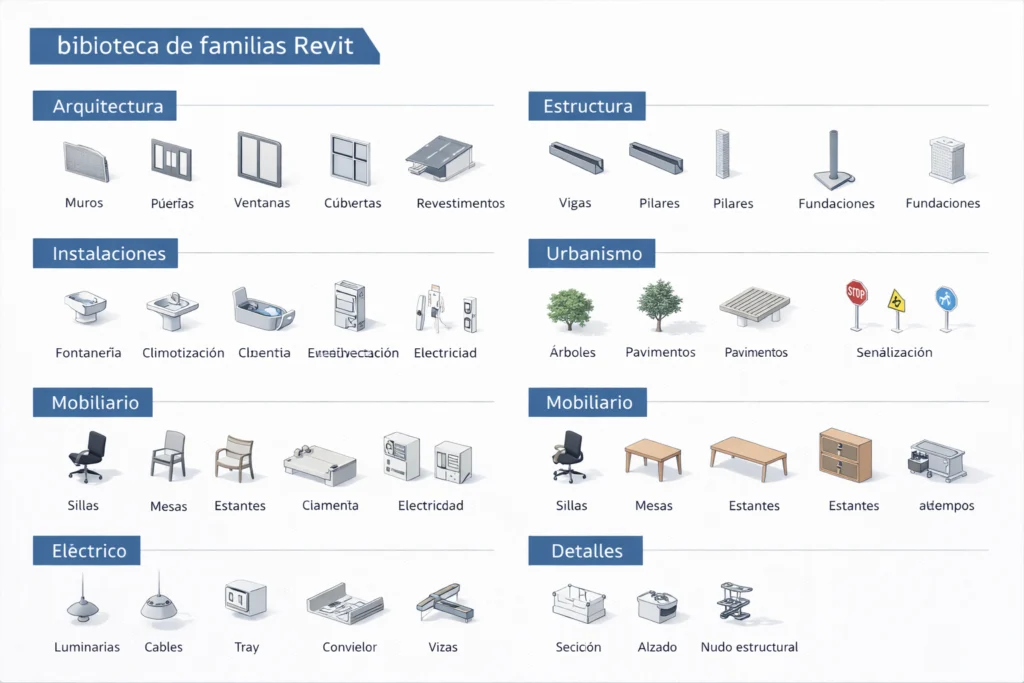 biblioteca de familias Revit organizada en carpetas dentro de un flujo de trabajo BIM profesional