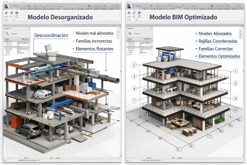 errores comunes en Revit modelo BIM desorganizado vs modelo bien estructurado