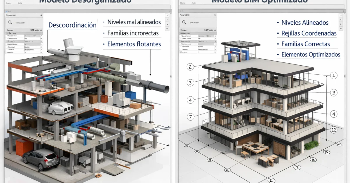 Errores comunes al empezar en Revit y cómo evitarlos errores comunes en Revit modelo BIM desorganizado vs modelo bien estructurado